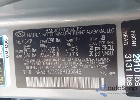 2008 Hyundai Santa Fe Limited/Se from USA, damaged, VIN 5NMSH73E28H193846